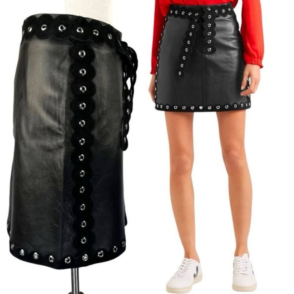 Maje Eyelet Scalloped Black Leather Grommet Mini Skirt 2 4